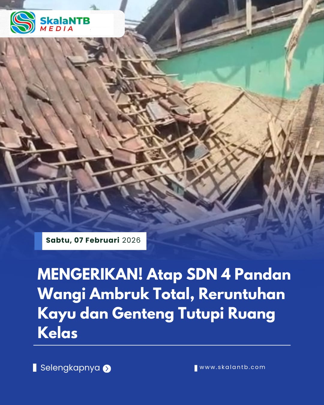 MENGERIKAN! Atap SDN 4 Pandan Wangi Ambruk Total, Reruntuhan Kayu dan Genteng Tutupi Ruang Kelas